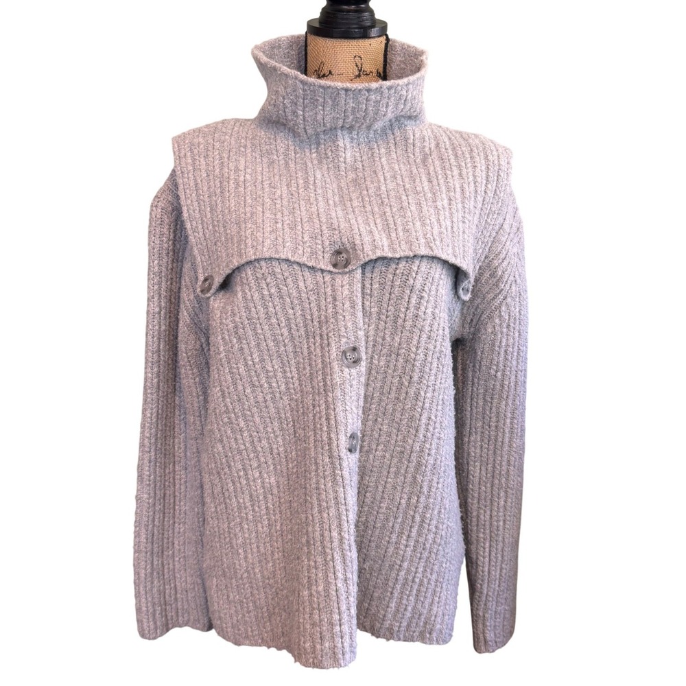 Rosetta Getty Womens Ribbed Knit Convertible Wool Cardigan Sweater Grey Large